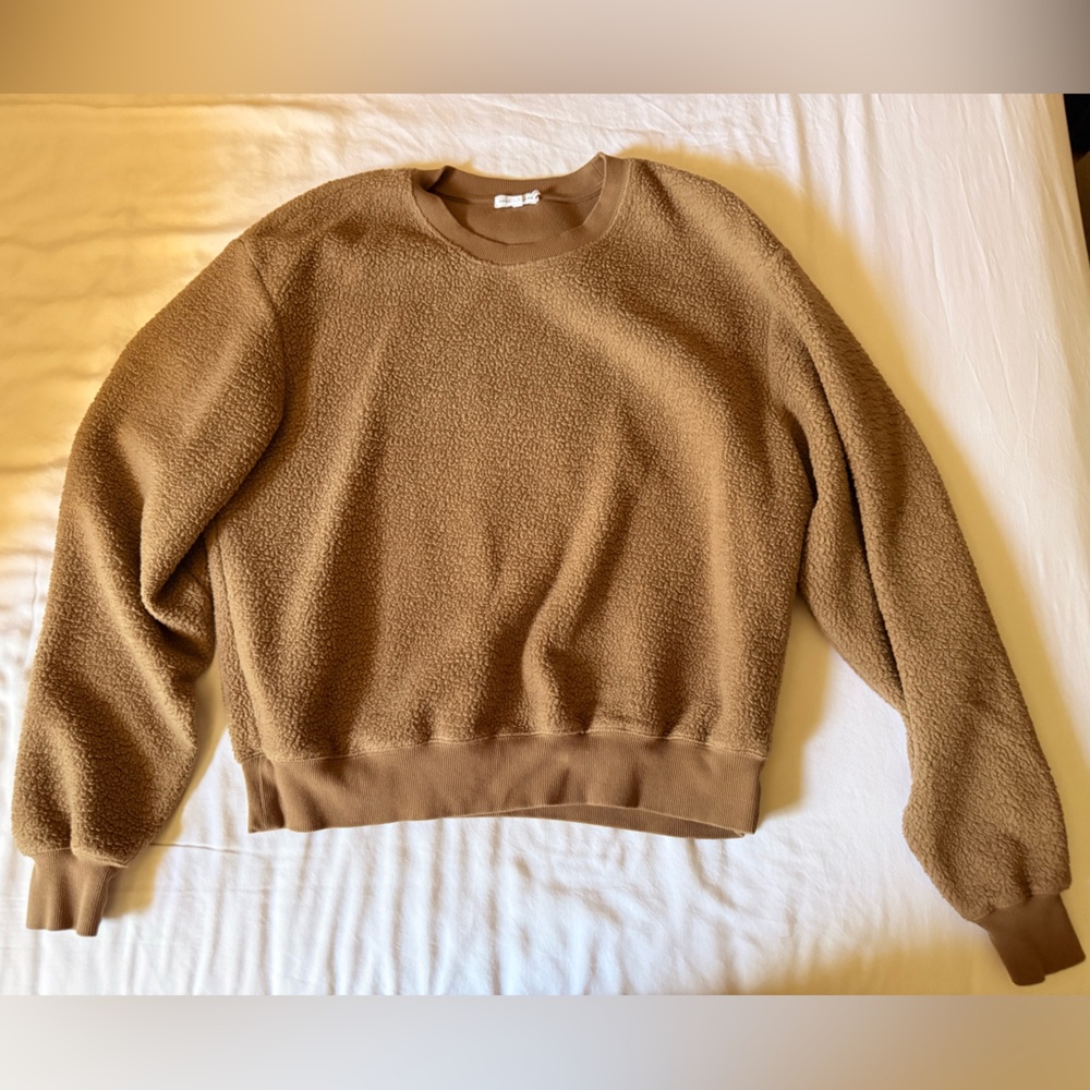 Good American Sherpa Crewneck Sweater in Camel Brown